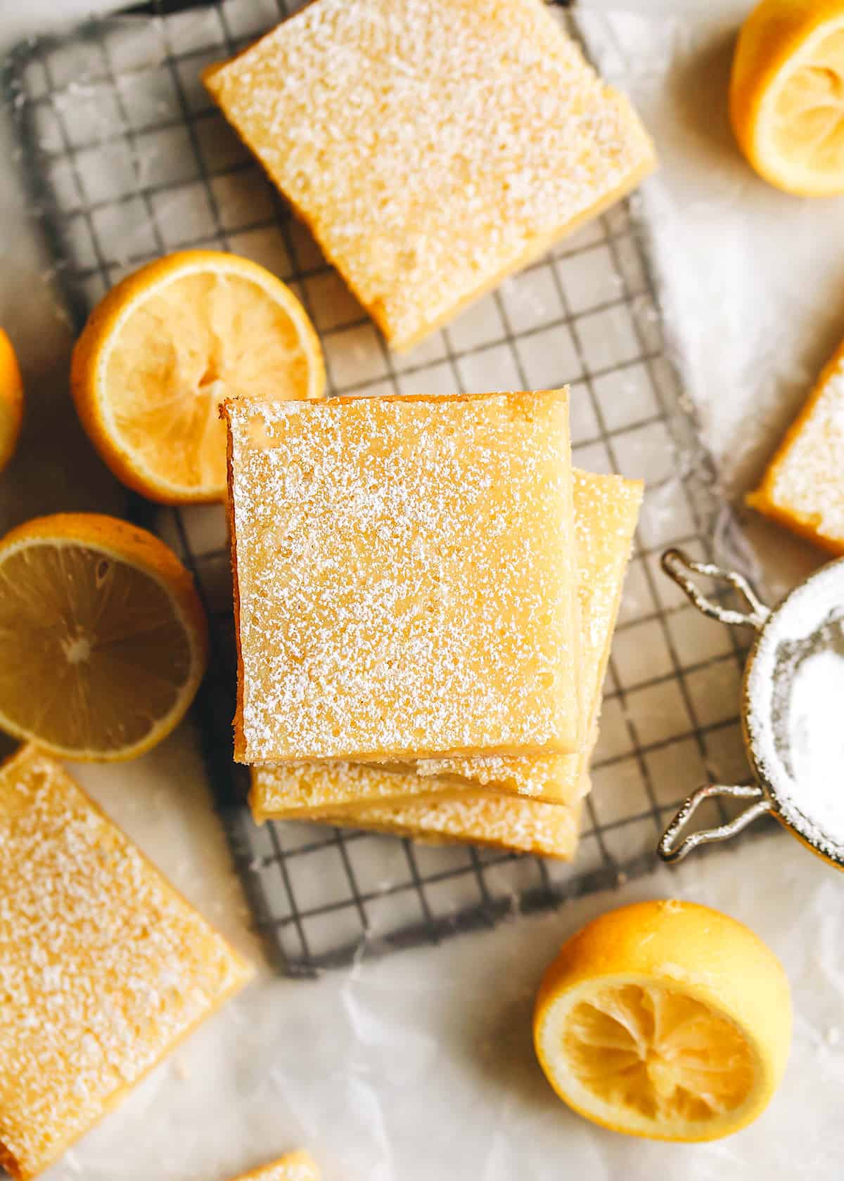 overhead photo of 5 lemon bars