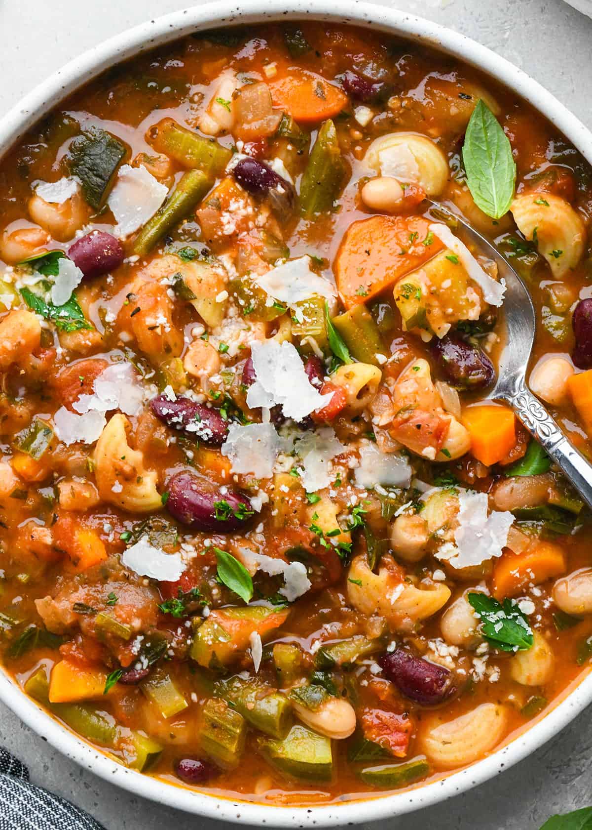a bowl of Minestrone Soup with a spoon