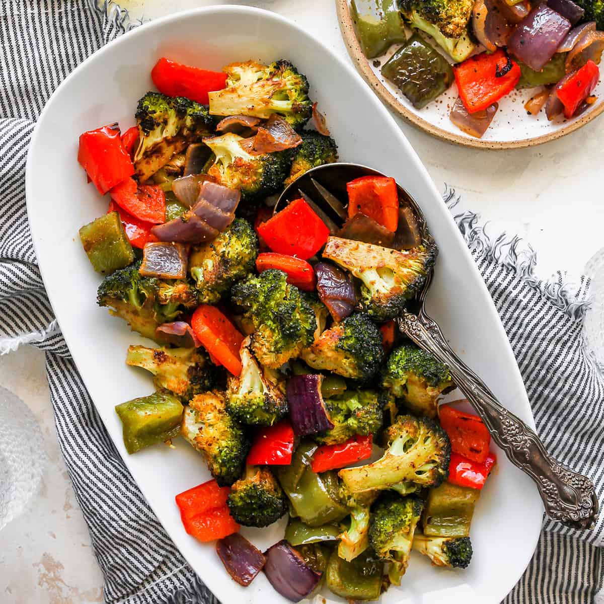 overhead view of Oven Roasted Vegetables on a serving platter