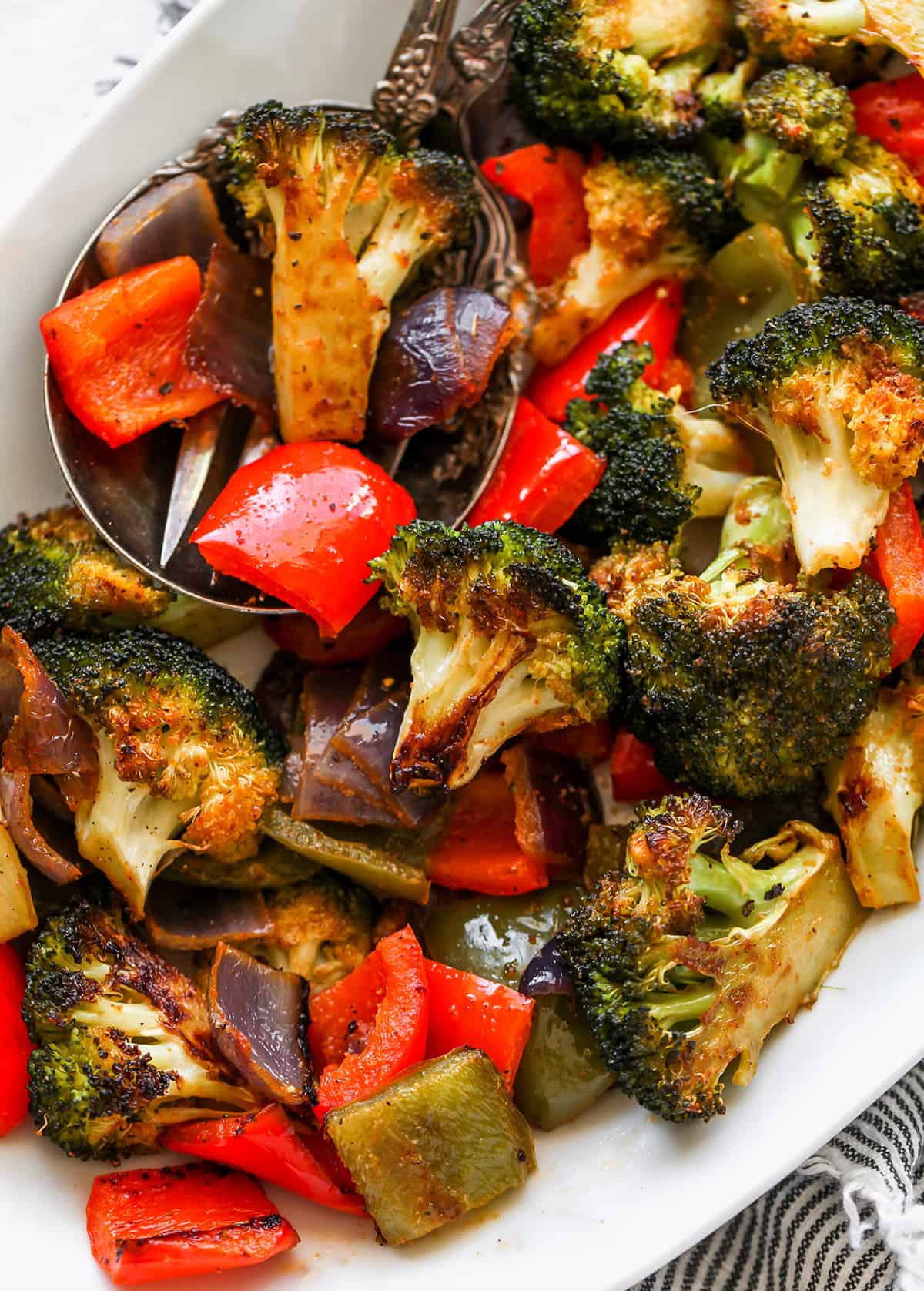overhead view of Oven Roasted Vegetables on a serving platter