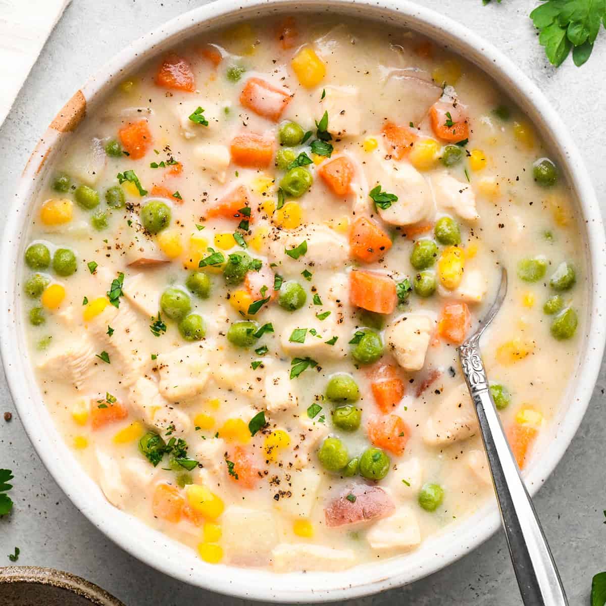 This lightened-up Slow Cooker Chicken Pot Pie Soup only takes 10 minutes of prep! This recipe is made from scratch {NO canned soups} and sure to please even the pickiest eaters! Plus it's gluten-free! #slowcooker #chickenpotpiesoup #chickensoup #easydinner #maindish #healthyrecipe a bowl of chicken pot pie soup with a spoon