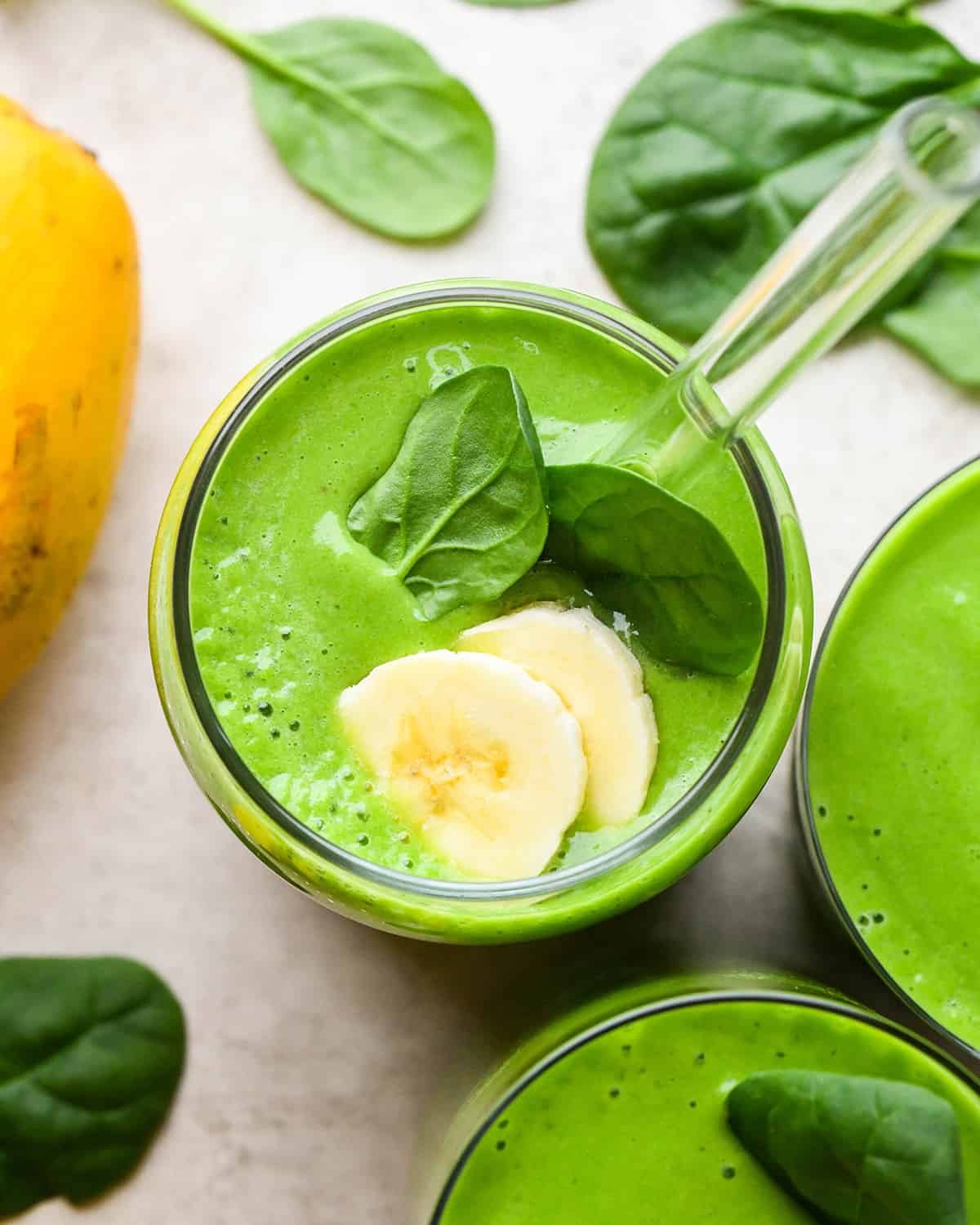 overhead photo of 3 glasses of Spinach Smoothie